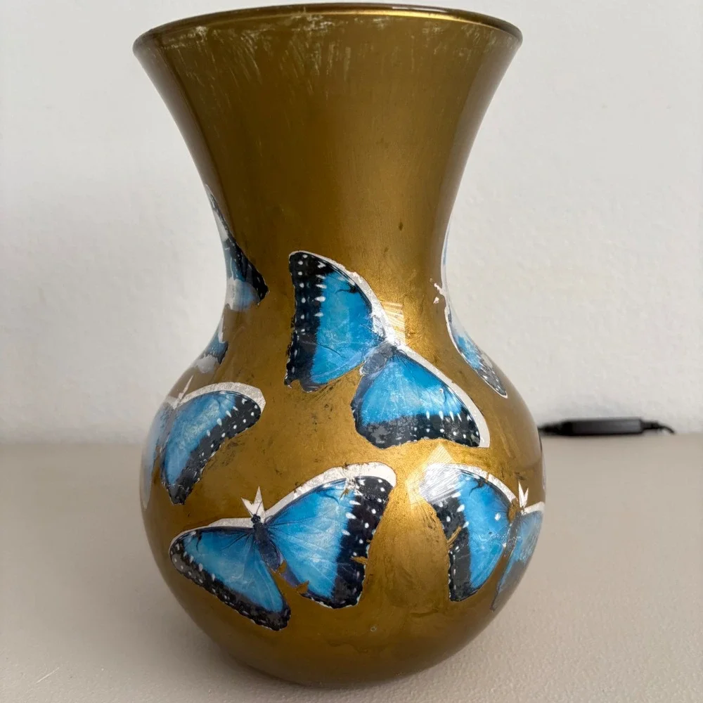Vintage Hand Painted Gold Glass Vase Blue Butterfly Decoupage Floral Decor 9.5in